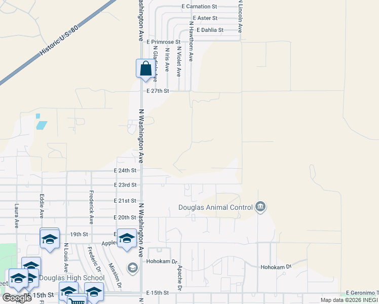 map of restaurants, bars, coffee shops, grocery stores, and more near 2412 East 24th Street in Douglas