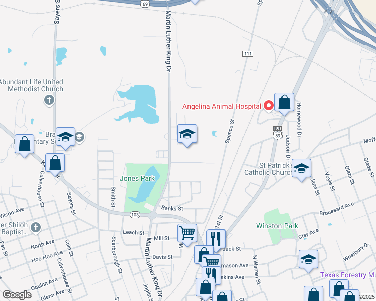 map of restaurants, bars, coffee shops, grocery stores, and more near 1806 Martin Luther King Junior Boulevard in Lufkin