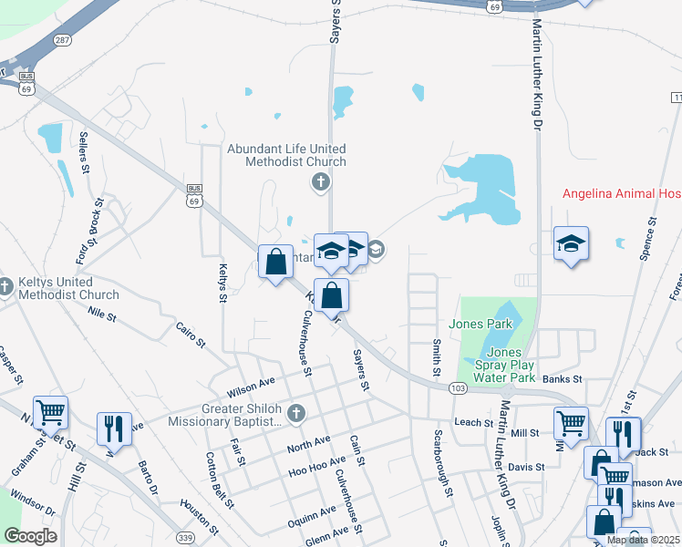 map of restaurants, bars, coffee shops, grocery stores, and more near 1612 Sayers Street in Lufkin