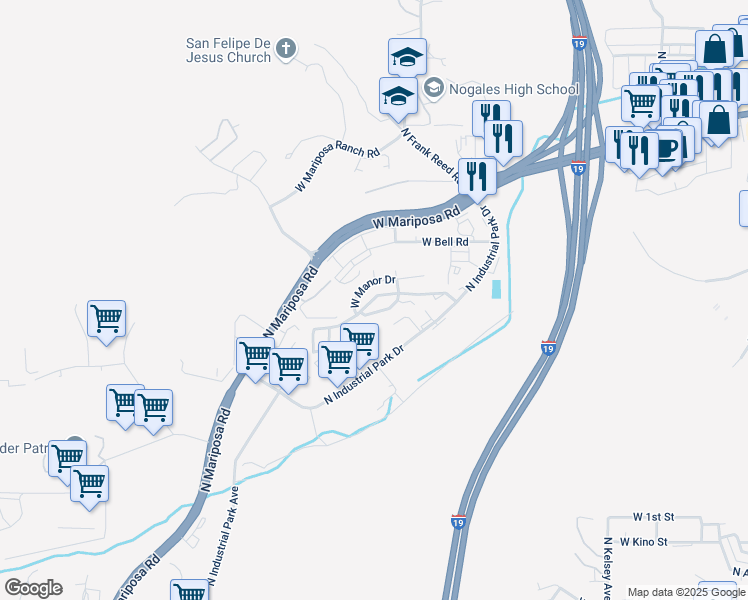 map of restaurants, bars, coffee shops, grocery stores, and more near 945 West Manor Drive in Nogales