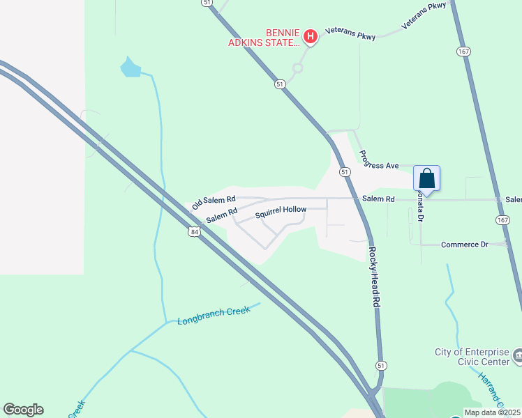 map of restaurants, bars, coffee shops, grocery stores, and more near 201 Squirrel Hollow in Enterprise