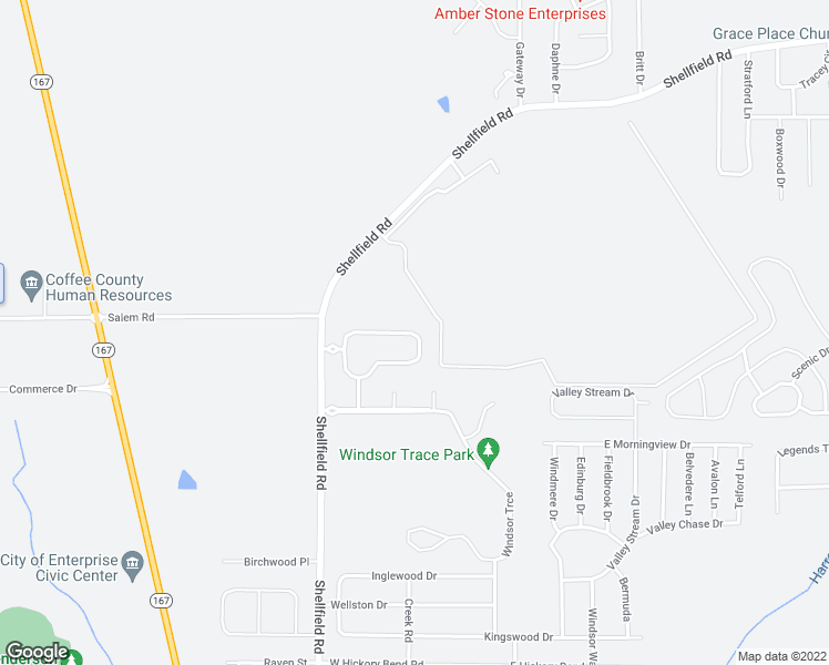 map of restaurants, bars, coffee shops, grocery stores, and more near 246 Windsor Garden Drive in Enterprise