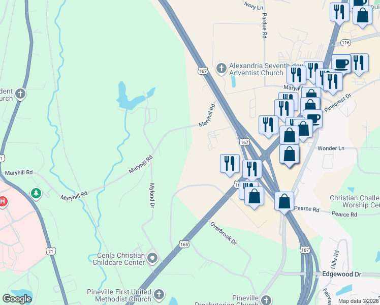 map of restaurants, bars, coffee shops, grocery stores, and more near 3318 Andrews Lane in Pineville