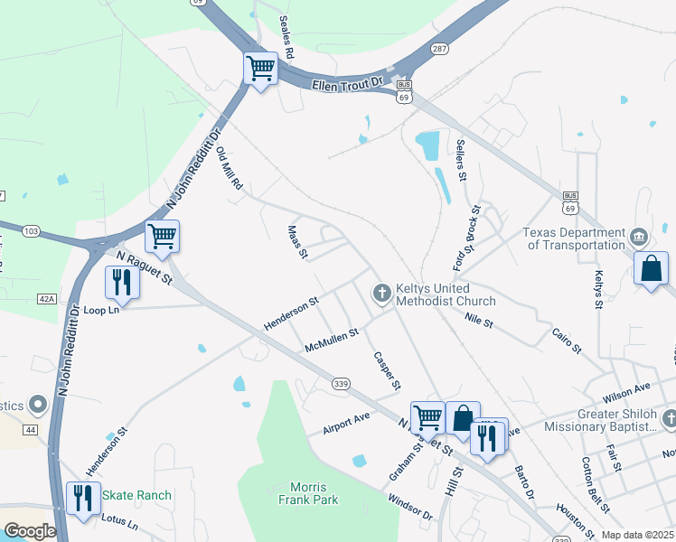map of restaurants, bars, coffee shops, grocery stores, and more near 202 Henderson Street in Lufkin