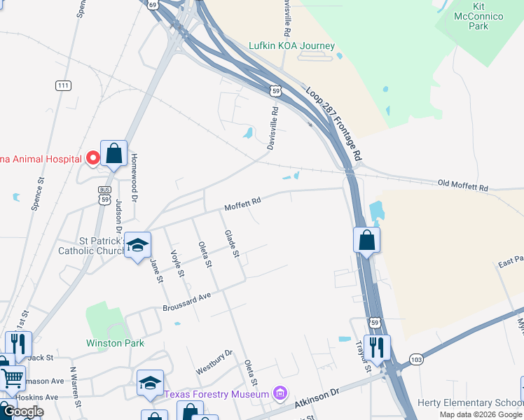 map of restaurants, bars, coffee shops, grocery stores, and more near 2610 1/2 Moffett Road in Lufkin