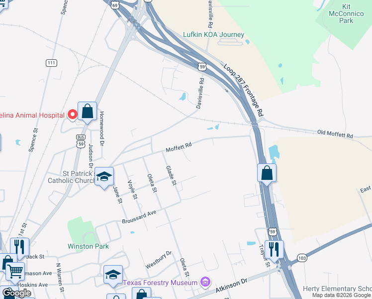 map of restaurants, bars, coffee shops, grocery stores, and more near 2610 1/2 Moffett Road in Lufkin