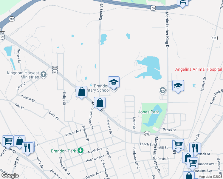 map of restaurants, bars, coffee shops, grocery stores, and more near 1612 Kurth Drive in Lufkin