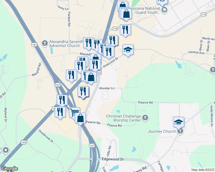map of restaurants, bars, coffee shops, grocery stores, and more near 138 Wonder Lane in Pineville