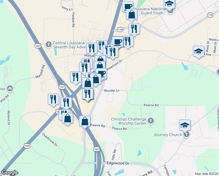 map of restaurants, bars, coffee shops, grocery stores, and more near 138 Wonder Lane in Pineville