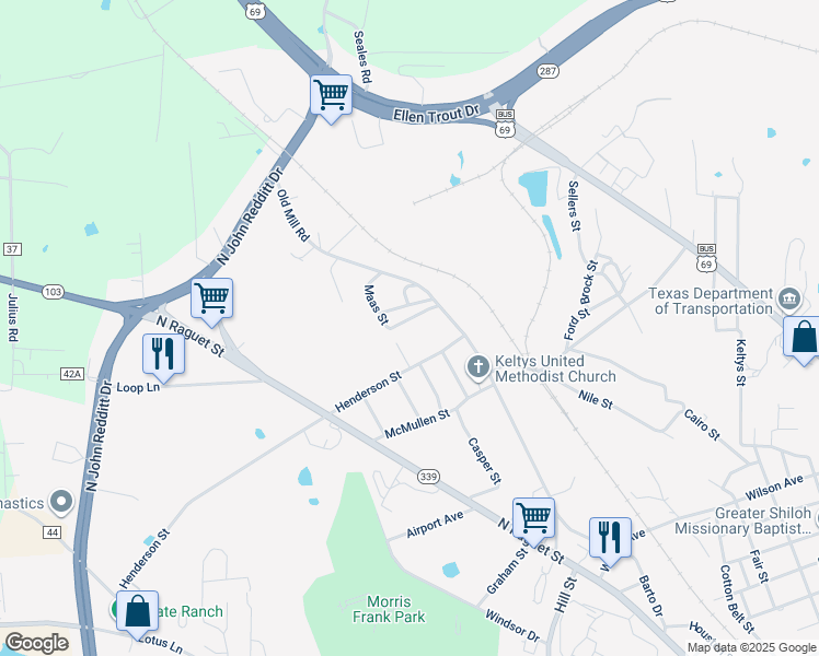 map of restaurants, bars, coffee shops, grocery stores, and more near 109 Maas Street in Lufkin
