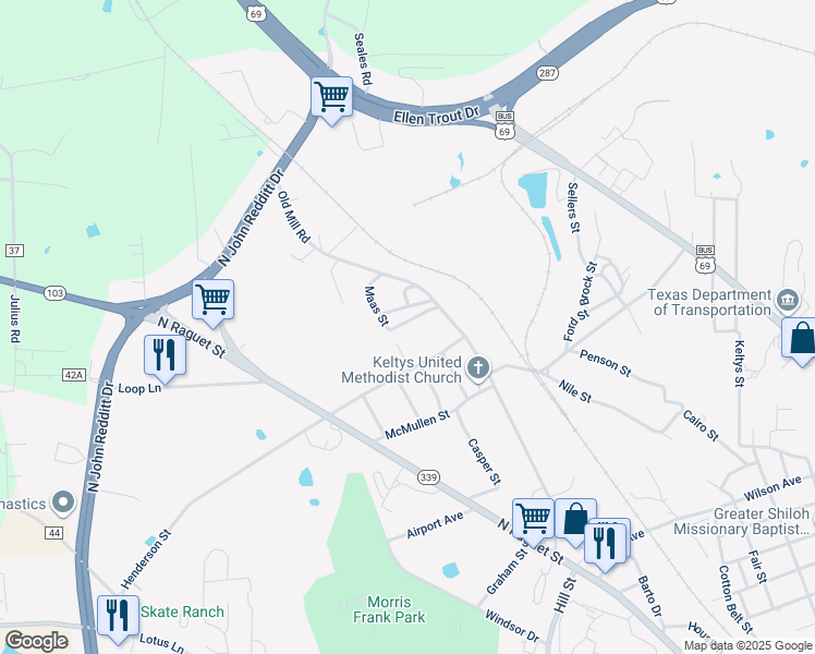 map of restaurants, bars, coffee shops, grocery stores, and more near 109 Maas Street in Lufkin