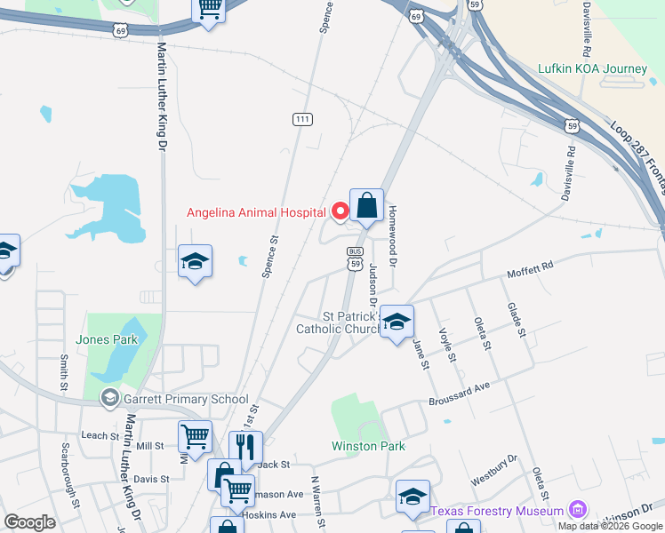 map of restaurants, bars, coffee shops, grocery stores, and more near 302 Forest Park Boulevard in Lufkin