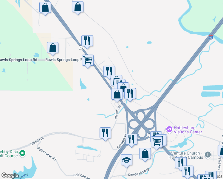 map of restaurants, bars, coffee shops, grocery stores, and more near 6775 U.S. Highway 49 in Hattiesburg
