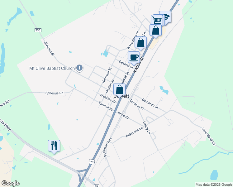 map of restaurants, bars, coffee shops, grocery stores, and more near in Jewett