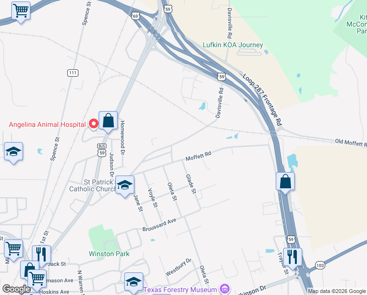 map of restaurants, bars, coffee shops, grocery stores, and more near 2503 Davisville Road in Lufkin