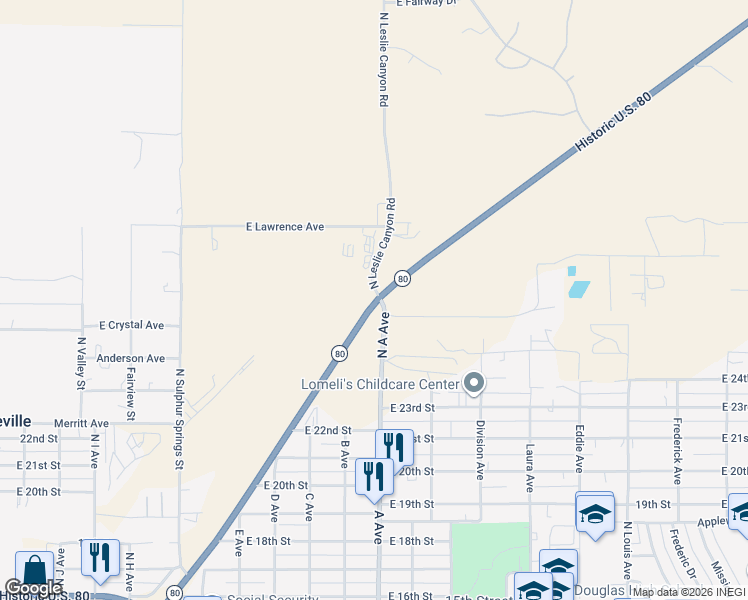 map of restaurants, bars, coffee shops, grocery stores, and more near Arizona 80 in Douglas