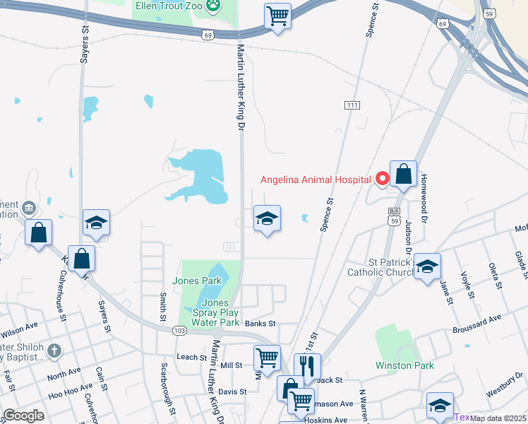 map of restaurants, bars, coffee shops, grocery stores, and more near 120 Kirksey Drive in Lufkin