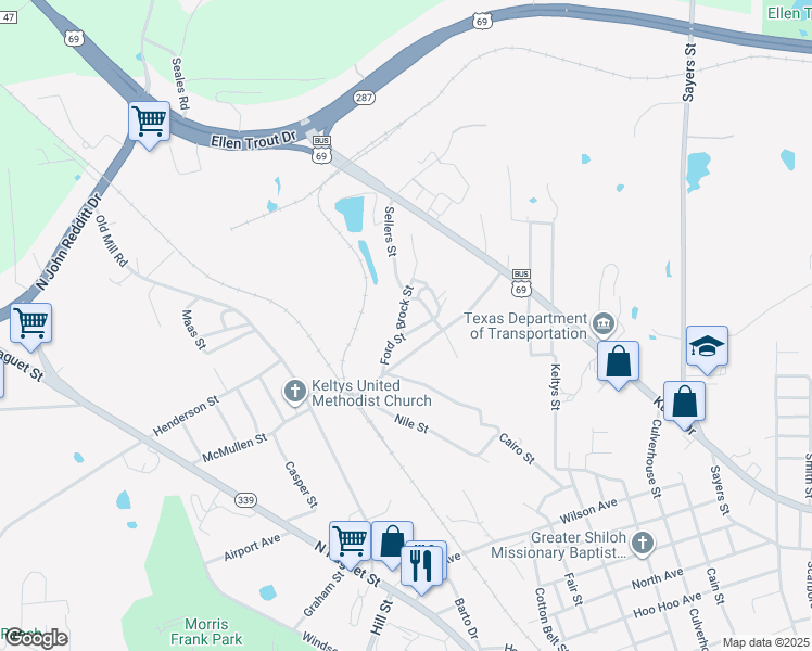 map of restaurants, bars, coffee shops, grocery stores, and more near 207 Ford Street in Lufkin