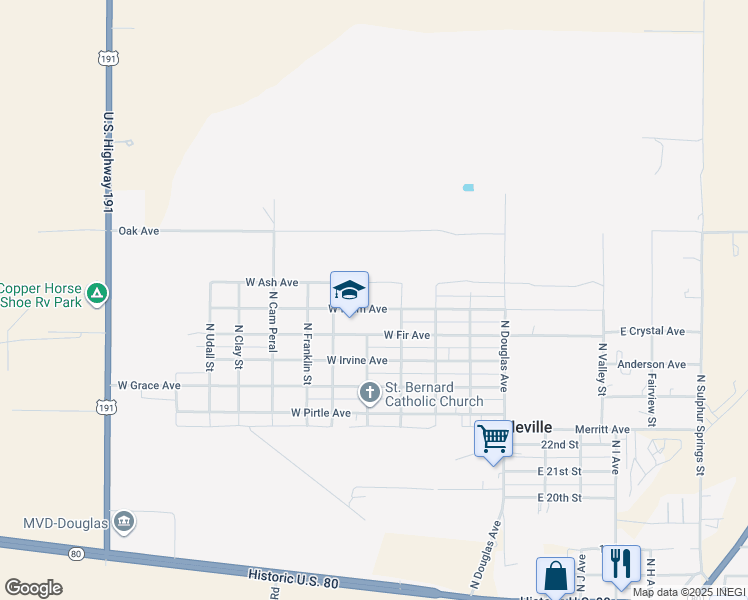 map of restaurants, bars, coffee shops, grocery stores, and more near in Pirtleville