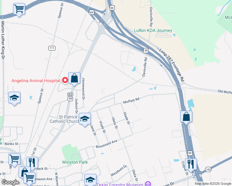 map of restaurants, bars, coffee shops, grocery stores, and more near 2510 Davisville Road in Lufkin