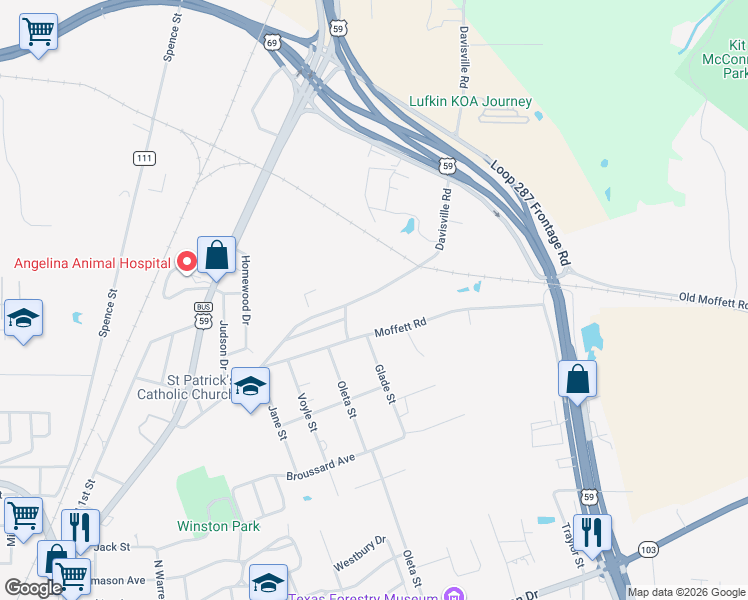 map of restaurants, bars, coffee shops, grocery stores, and more near 2503 Davisville Road in Lufkin