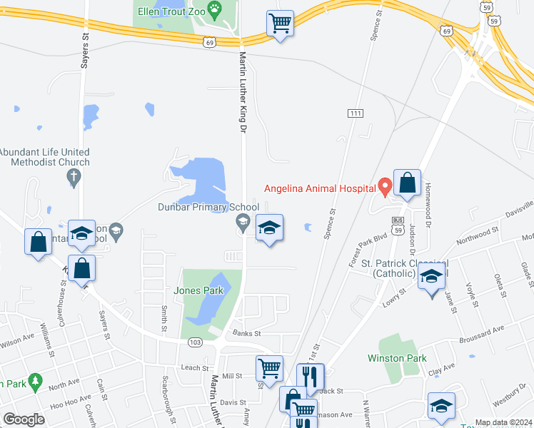 map of restaurants, bars, coffee shops, grocery stores, and more near 201 Kirksey Drive in Lufkin