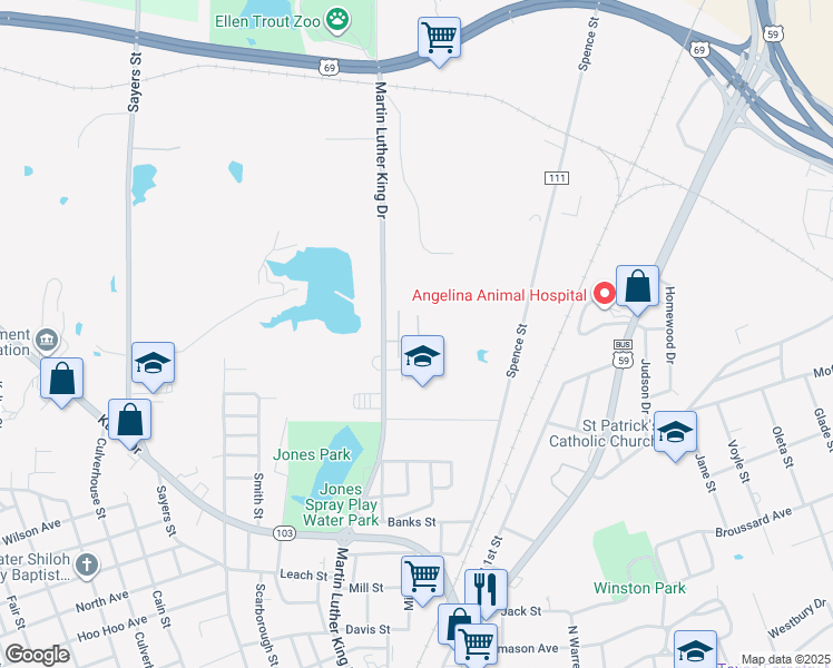map of restaurants, bars, coffee shops, grocery stores, and more near 120 Kirksey Drive in Lufkin