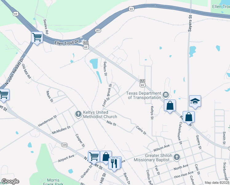 map of restaurants, bars, coffee shops, grocery stores, and more near 207 Ford Street in Lufkin