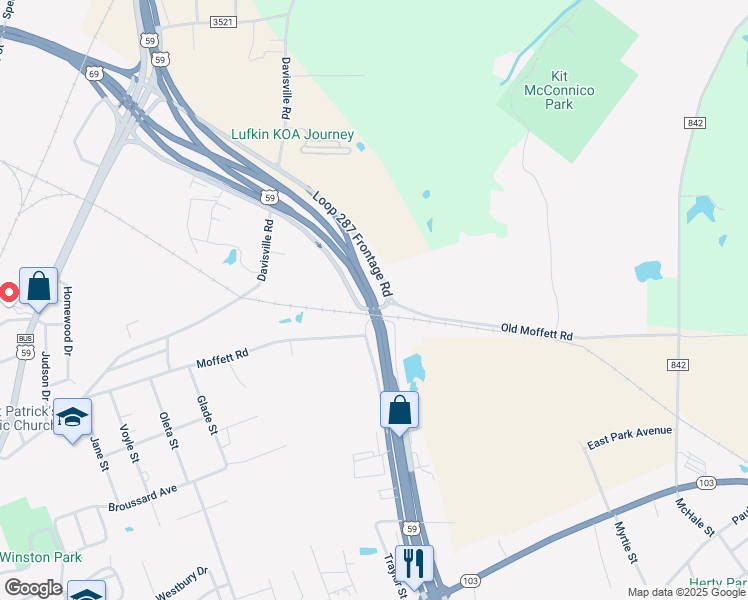 map of restaurants, bars, coffee shops, grocery stores, and more near 3736 North Medford Drive in Lufkin