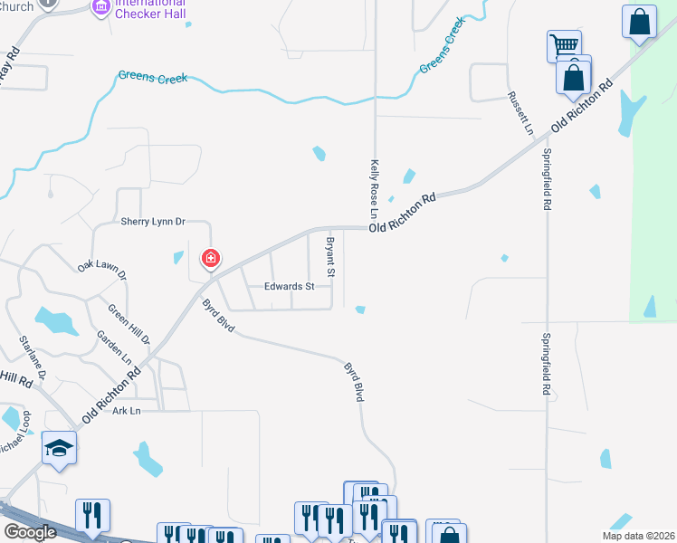 map of restaurants, bars, coffee shops, grocery stores, and more near 407 Bryant Street in Petal