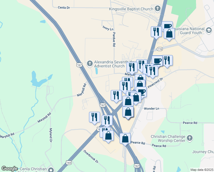 map of restaurants, bars, coffee shops, grocery stores, and more near 227 Mary Hill Road in Pineville