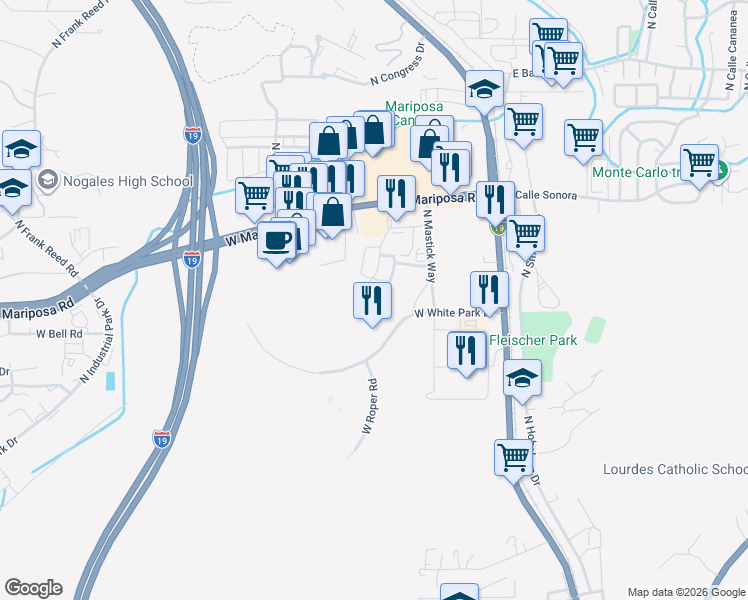 map of restaurants, bars, coffee shops, grocery stores, and more near 1716 North San Luis Drive in Nogales