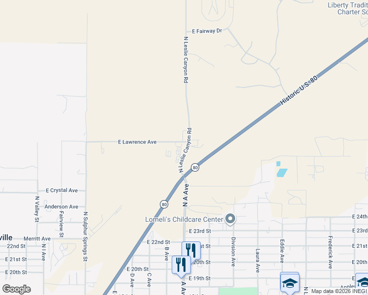 map of restaurants, bars, coffee shops, grocery stores, and more near 3081 North Leslie Canyon Road in Douglas
