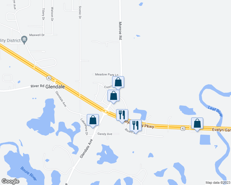 map of restaurants, bars, coffee shops, grocery stores, and more near 71 Monroe Road in Hattiesburg