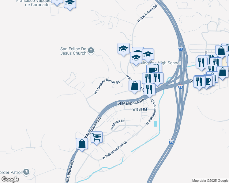 map of restaurants, bars, coffee shops, grocery stores, and more near 1049 West Mariposa Ranch Road in Nogales