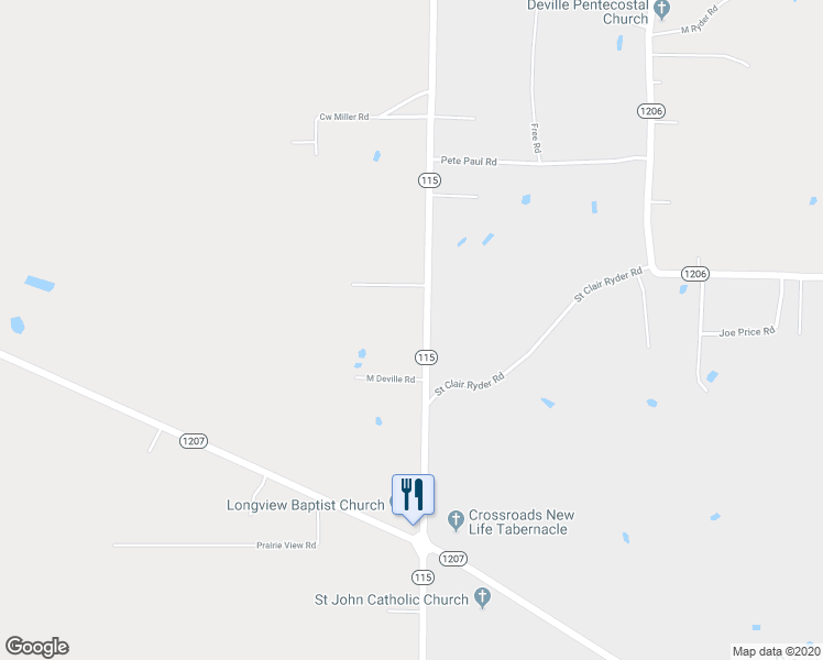 map of restaurants, bars, coffee shops, grocery stores, and more near 1190 Highway 115 in Deville