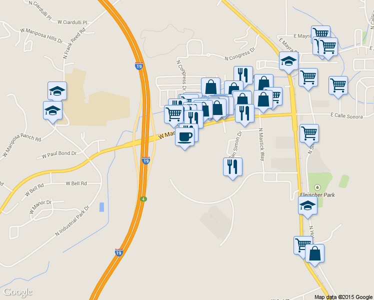 map of restaurants, bars, coffee shops, grocery stores, and more near 2150 North Congress Drive in Nogales