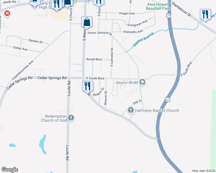 map of restaurants, bars, coffee shops, grocery stores, and more near 215 Weaver Drive in Blakely