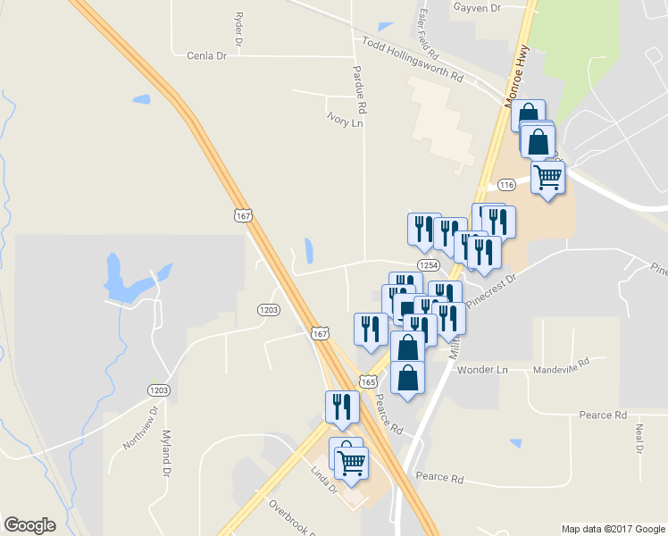 map of restaurants, bars, coffee shops, grocery stores, and more near 233 Mary Hill Road in Pineville
