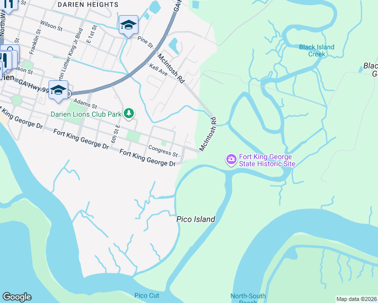 map of restaurants, bars, coffee shops, grocery stores, and more near 1401 Wayne Street in Darien