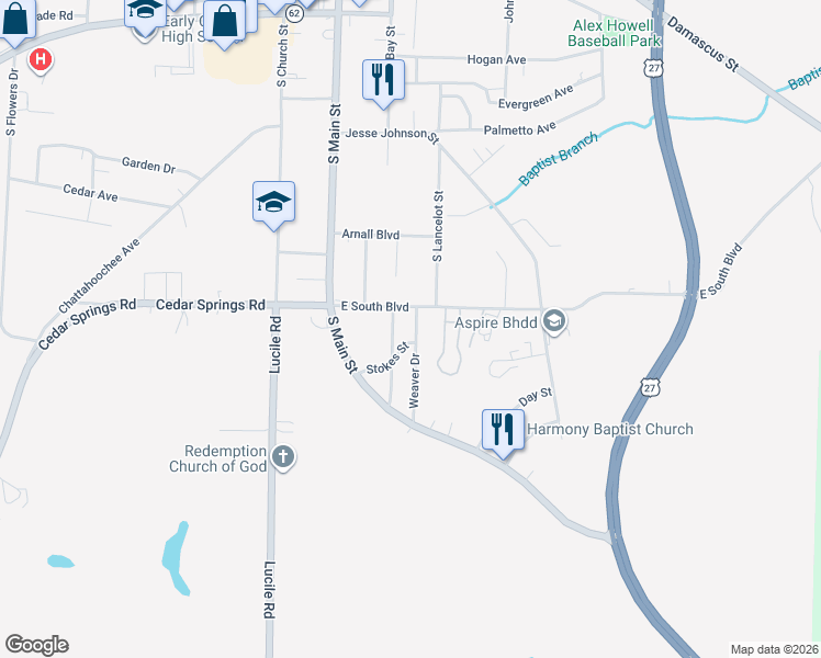 map of restaurants, bars, coffee shops, grocery stores, and more near 215 Weaver Drive in Blakely