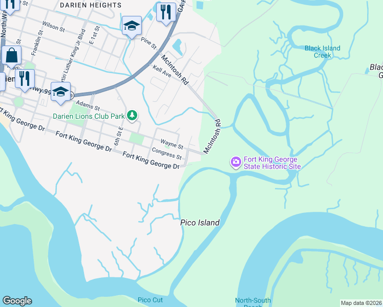 map of restaurants, bars, coffee shops, grocery stores, and more near 1401 Wayne Street in Darien