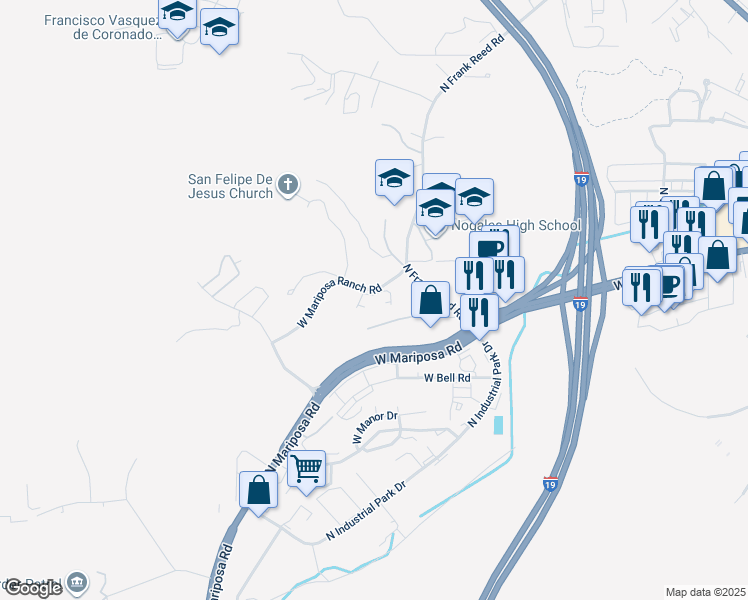 map of restaurants, bars, coffee shops, grocery stores, and more near 1049 West Mariposa Ranch Road in Nogales