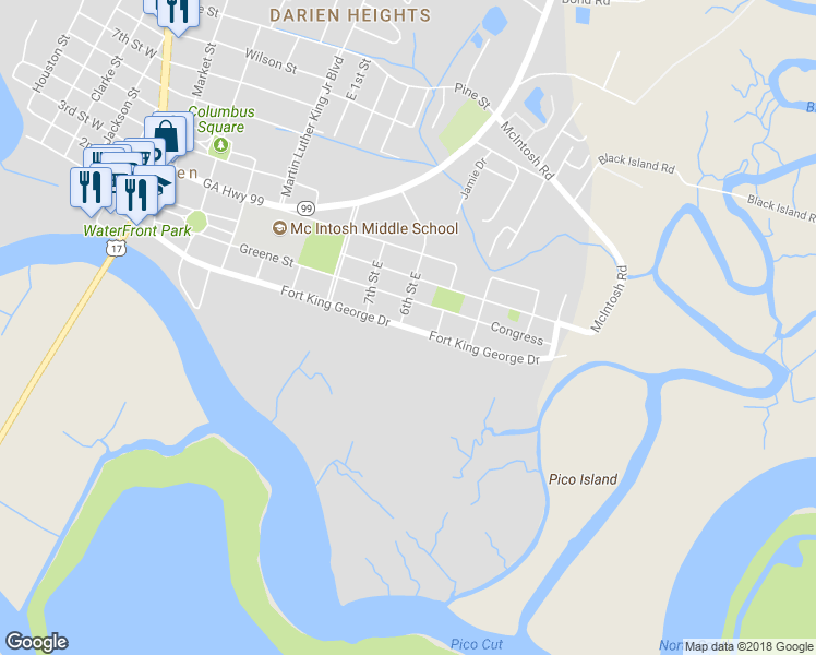 map of restaurants, bars, coffee shops, grocery stores, and more near 902 Fort King George Drive in Darien