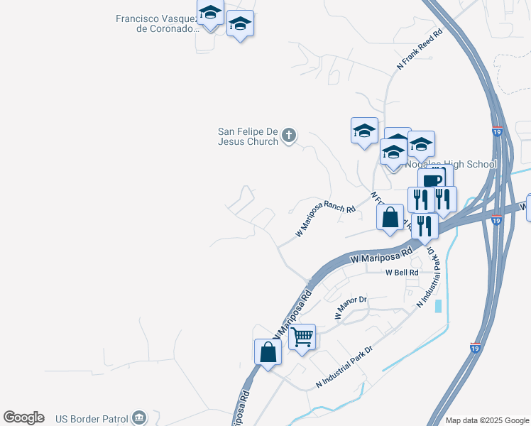 map of restaurants, bars, coffee shops, grocery stores, and more near 1790 North Loma Mariposa Road in Nogales
