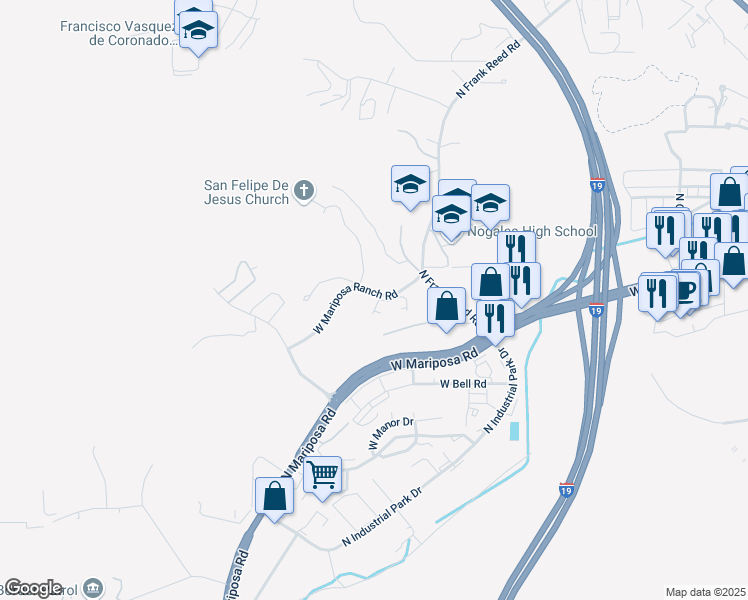 map of restaurants, bars, coffee shops, grocery stores, and more near 1049 West Mariposa Ranch Road in Nogales