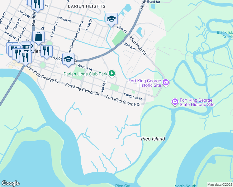 map of restaurants, bars, coffee shops, grocery stores, and more near 1000 Fort King George Drive in Darien