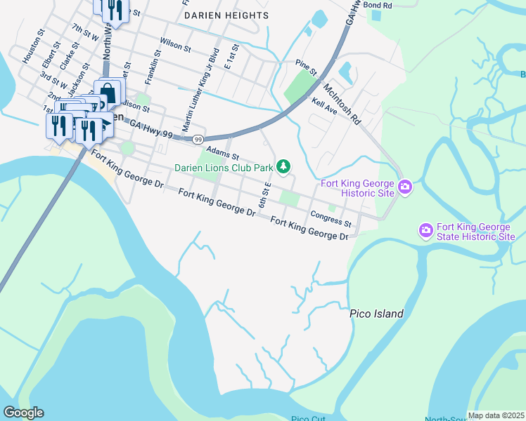 map of restaurants, bars, coffee shops, grocery stores, and more near 902 Fort King George Drive in Darien