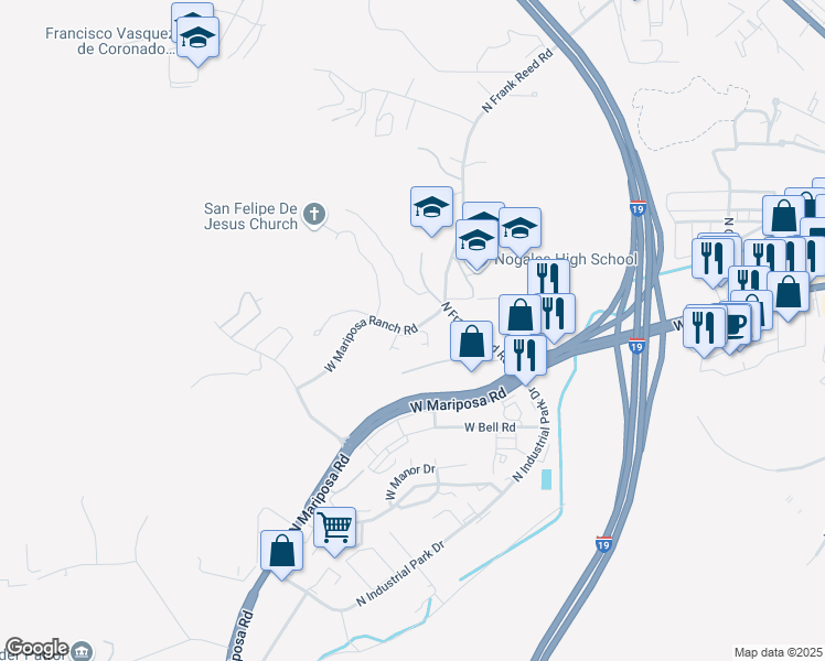 map of restaurants, bars, coffee shops, grocery stores, and more near 1033 West Mariposa Ranch Road in Nogales