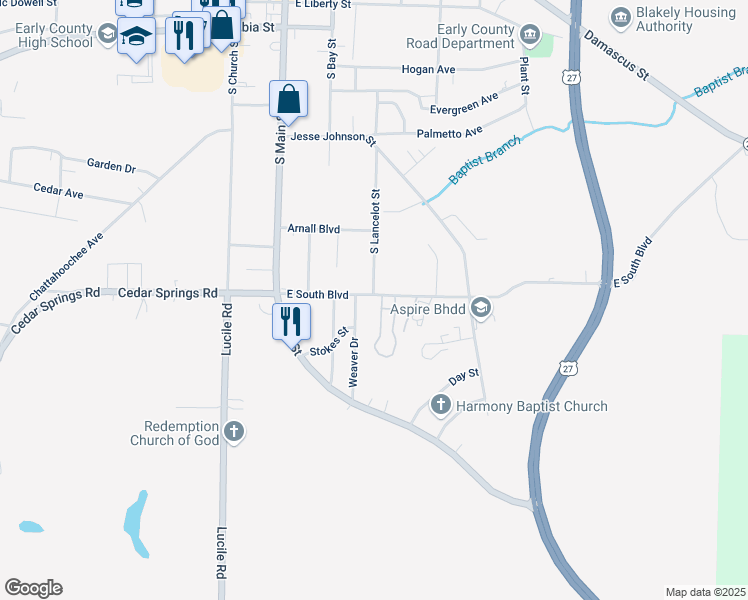 map of restaurants, bars, coffee shops, grocery stores, and more near 18400 East South Boulevard in Blakely